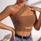 Women's new sexy hollow knit vest super short diagonal shoulder wrap top CVCB2650