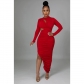 Fashion Women's Solid Pleated Round Neck Long Sleeve Long Dress Dress C6110