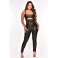 Mesh splicing sexy suspender leather pants jumpsuit CQ8146