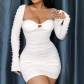 Beaded Long Sleeve Strap Hip Wrap Dress Sexy Spicy Girl's Pleated Chest Show Dress JY22401