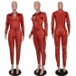Solid winter PU leather long sleeve jumpsuit Y1222