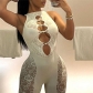 Women's fashion sexy jacquard mesh pure color hollow high elastic tight jumpsuit W22Q23390