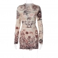Vintage printed round neck long sleeve lace up dress D2910388