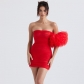 Women's Mesh Pleated Skirt Hip Wrap Dress Hot Girl Bubble Sleeves Red Blouse Dress D1394
