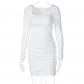 Temperament slim long sleeve pleated solid color dress D0A3663H