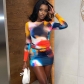 Round neck long-sleeved printed top mini skirt fashion suit JSD710106