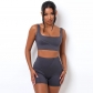 Solid color square-neck sleeveless ultra-short navel vest+high-waist tight-fitting three-piece pants exercise yoga two-piece set KJ31565