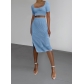 Threaded square neck short sleeve split skirt slim two-piece set Q22S8275