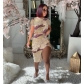 Women's street trend camouflage floral split split wrap hip mini skirt short sleeve set Y90116