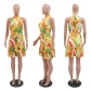 Fashionable digital printed hanging neck dress with irregular hem CY900506