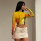 Sexy Mesh Printed Round Neck Open Navel Long Sleeve Slim Fit T-shirt Top L23TP079