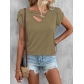 New Women's Solid V-Neck Petal Sleeve Loose fitting T-shirt OZN0883