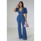 Pleated Lantern Sleeves, Bubble Sleeves, Fashion, Casual, Sexy Denim Hollow Out jumpsuit JLX6953