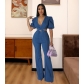 Pleated Lantern Sleeves, Bubble Sleeves, Fashion, Casual, Sexy Denim Hollow Out jumpsuit JLX6953