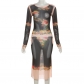 Women's New Fashion Printed Mesh Hollow Round Neck High Waist Slim Fit Dress K23D31030