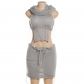 Sexy Hollow out Knitted Hooded Top High Waist Wrapped Hip Short Skirt Set W23S31090