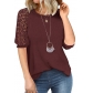Waffle lace patchwork round neck short sleeved top HLL2004
