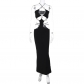 Sexy low cut circular panel hanging neck strap open back slit dress D3512907