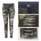 Sexy and personalized perforated high waisted tight pants with raw hem camouflage leggings HSF2096
