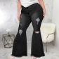 Fashion Slim Fit Wide Leg Perforated Plus Size Fat MM Flare Jeans HSF2682