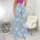 Fashion trend printed denim stretch slim flared pants HSF2693
