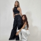Pocket Panel Wide Leg Leather Pants Loose Casual Lace up Straight Barrel Leather Pants LS2503