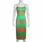 Tie dyed gradient contrast printed U-neck sleeveless tight fitting buttocks sexy basic simple strap long dress KJ03456