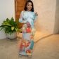 Printed Round Neck Pullover Long Sleeve Wrap Hip Long Skirt JD299188