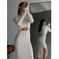 Sexy Long Sleeve Knitted Dress Round Neck Split Mid Woolen Dress FQD2148