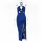 High Split Style Hanging Neck Long Dress with Strap Open Back Dress FD9219