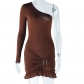 Single shoulder slanted neck tight fitting dress, solid color long sleeved ruffled edge wrapped hip skirt JD299859