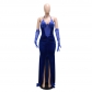 Lace up neck hanging high slit solid color hot diamond dress sexy evening dress with mesh sleeves CY900977