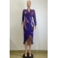 V-neck fashionable printed slim fit long sleeved hip wrap dress D8646