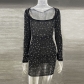 Women's sequin hot diamond semi transparent long sleeved short dress MGN21084
