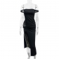 One line neckline suspender dress with hollowed out side slit irregular skirt ZY22681