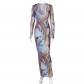 Multi color printed sexy V-neck, waist cinching, slimming and elongated dress D3914199