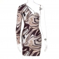 Single shoulder long sleeved water ripple printed buttocks wrapped dress D175994W