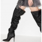 High heeled rhinestone pointed pleated knee length boots XY6187