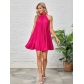 Solid color pleated sleeveless stand up collar bow tie dress XY8319