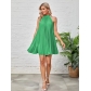 Solid color pleated sleeveless stand up collar bow tie dress XY8319