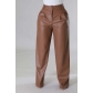 PU women's loose wide leg pocket casual leather pants OL6137