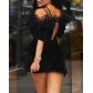 V-neck mesh lace long skirt with black pleated velvet short sleeved party dress QC073