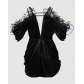 V-neck mesh lace long skirt with black pleated velvet short sleeved party dress QC073