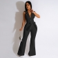 Button lapel micro flared pants, work bag jumpsuit with belt included L491