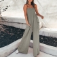 Women's solid color suspender pleated casual style commuting high waisted jumpsuit MY9050