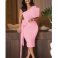 Slanted shoulder style off shoulder solid color midi skirt with bow and ribbon C0019