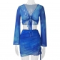 Tie dye printed V-neck strap gradient mesh flared sleeve top short skirt set S21137
