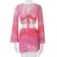 Tie dye printed V-neck strap gradient mesh flared sleeve top short skirt set S21137