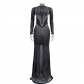 Shang Women's Solid Color Mesh Hot Diamond Long sleeved Dress C6369