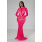 Shang Women's Solid Color Mesh Hot Diamond Long sleeved Dress C6369